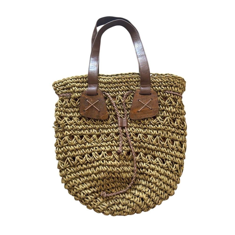 Straw Studios Weaved Wooden Tan Straw Bag